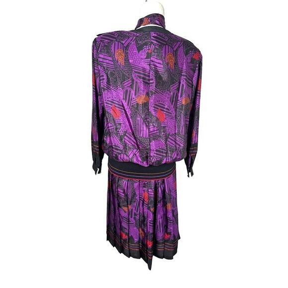 Andrea Gayle VINTAGE 80s Abstract Purple Black Midi Pleated Skirt Blouse Size 14 - Picture 4 of 16
